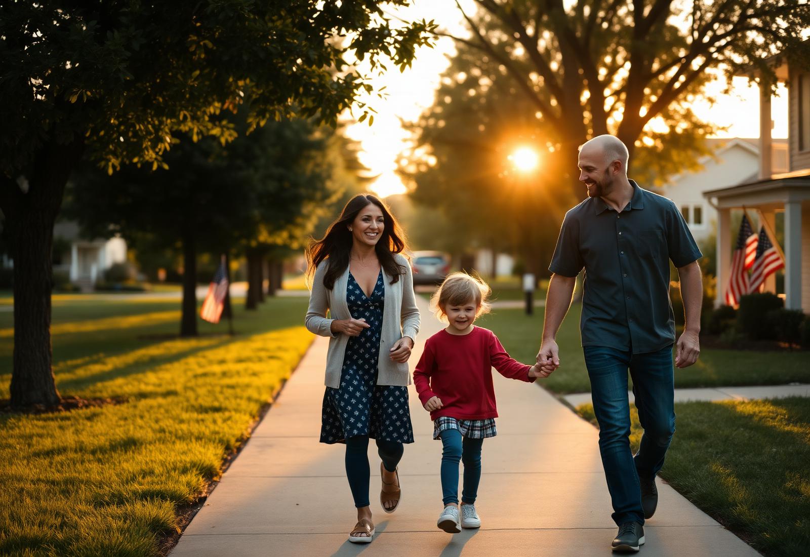 A family walking together at sunrise on a tree-lined American street